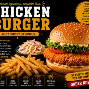 Chicken Burger with Fries, cole slaw